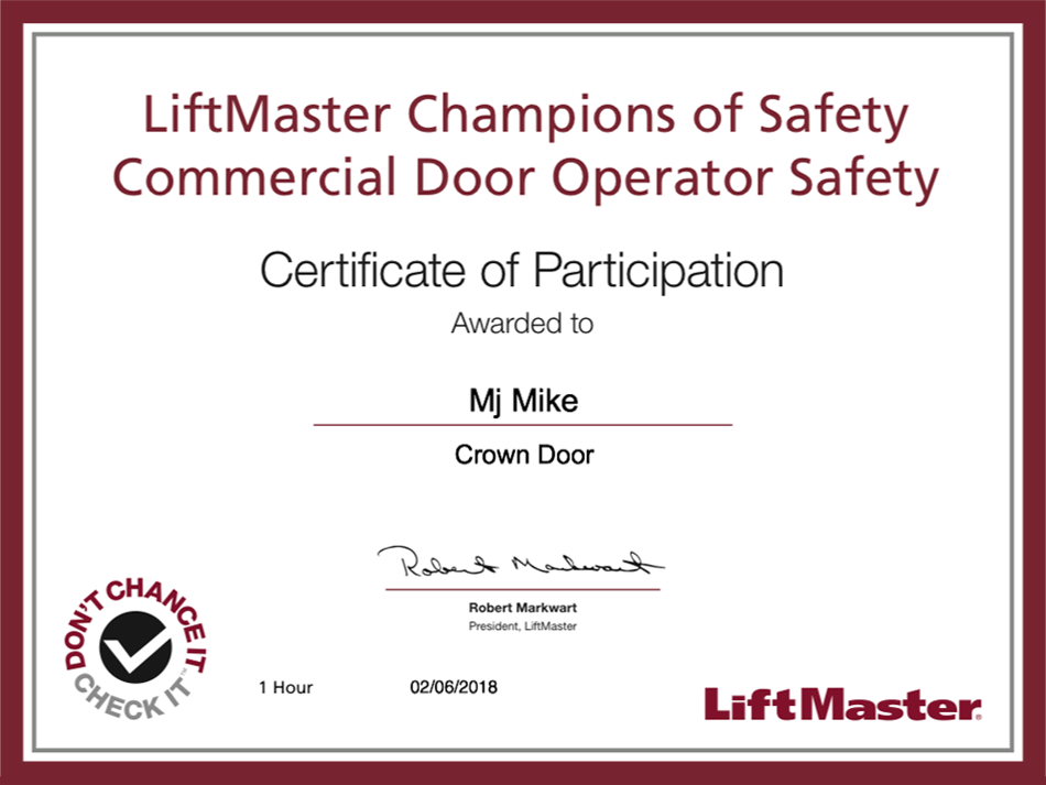 commercial door opener certificate